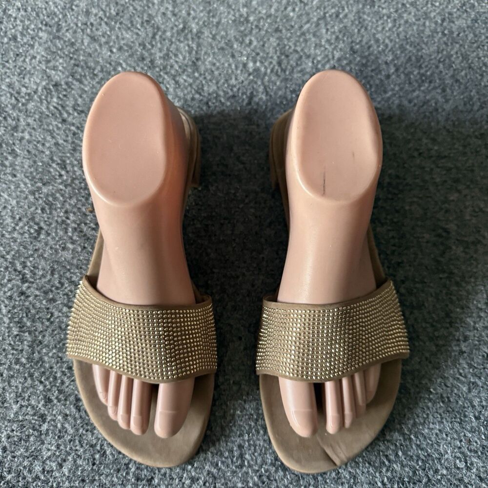Stuart Weitzman Tan Suede Rhinestone Studded Flat Thong Slide Sandals Size 8 M